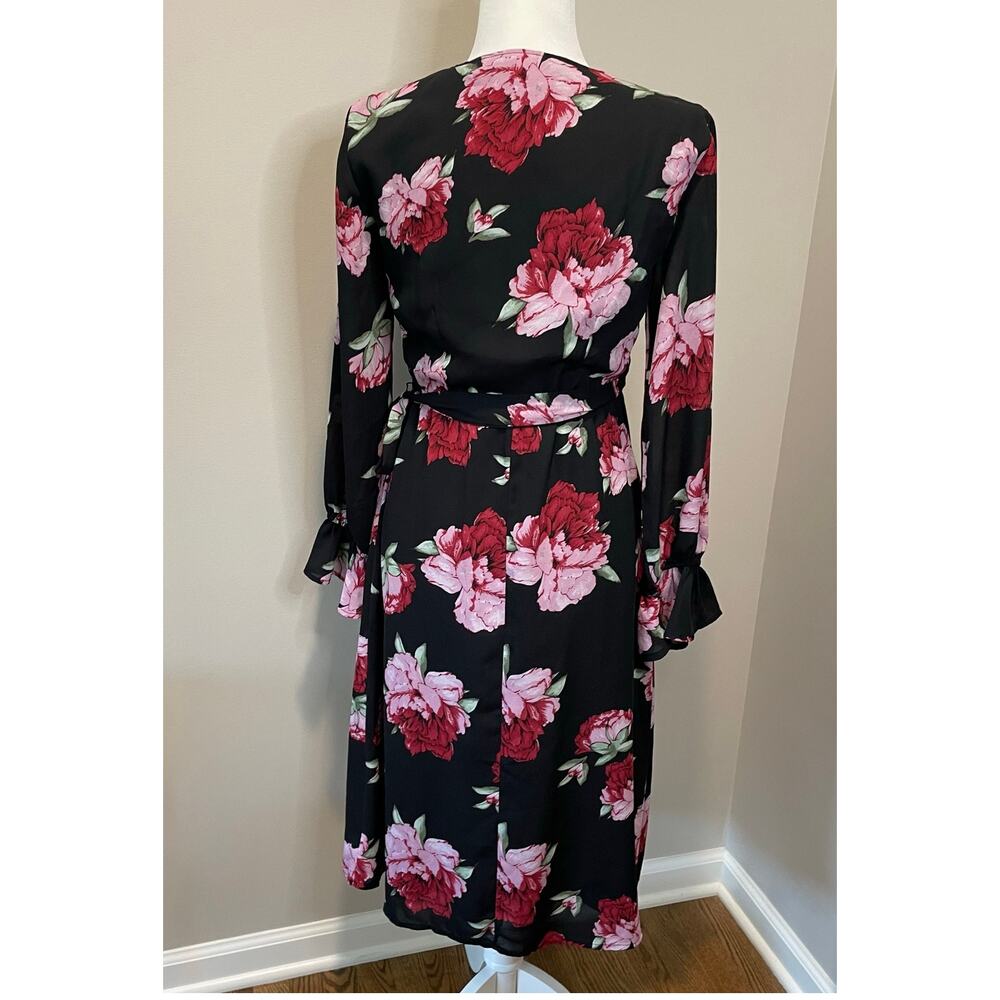 Lulus Romantic Blooms Black Floral Midi Wrap Dress Sz M Plunging Neck Black Pink - Picture 6 of 16